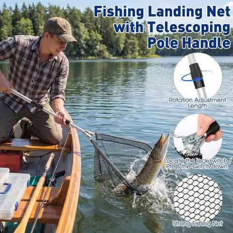 Man using 256 Piece All-In-One Fishing Tackle Set Backpack Kit With Tackle Box, Retractable Landing Net, catching fish in lake