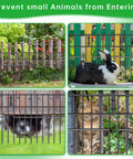 Dog Proof No Dig Fence For Yard And Garden, 28 Panels Spanning 39.5 Feet, 13 Inch High Rustproof Metal Barrier With A 1.52 Inch Gap, installed with rabbit and dog behind.