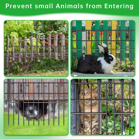 Dog Proof No Dig Fence For Yard And Garden, 28 Panels Spanning 39.5 Feet, 13 Inch High Rustproof Metal Barrier With A 1.52 Inch Gap, installed with rabbit and dog behind.