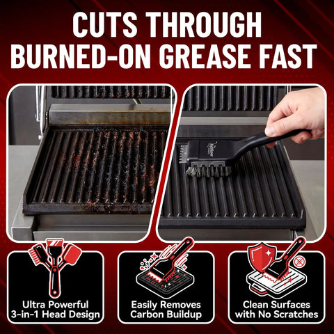 Heavy Duty 3 In 1 Panini Grill Brush Cleaner With Stainless Steel Scraper Tool on Grill, removing burnt residue from grooves.