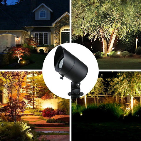 4W LED Landscape Lights 8 Pack low voltage outdoor lighting illuminating driveways, yards, patios, and gardens at night.