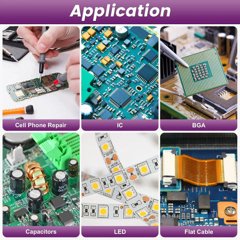 Collage showing applications of Pro Grade Sn63 Pb37 Solder Paste With T4 20-38 Micron Particles And 183 C Melting Point for electronics.