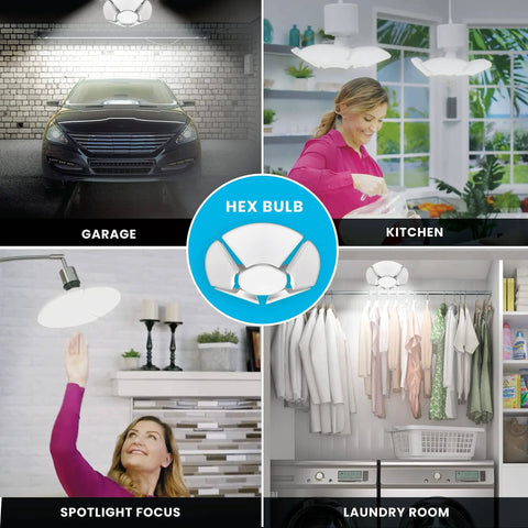 Hex Bulb 144 LED E26 Garage Light Six Panel Deformable Shop Ceiling Light in various settings like garage and kitchen.