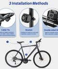 USB Rechargeable Bike Alarm With Remote Wireless Motion Sensor Anti Theft System For Bikes E Bikes Scooters And Motorcycles Waterproof Vibration Alarm With Mount Easy Install Security For Everyday Rides, showing installation methods with cable tie, bracket, and double-sided stick.