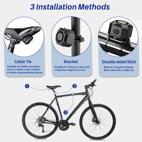USB Rechargeable Bike Alarm With Remote Wireless Motion Sensor Anti Theft System For Bikes E Bikes Scooters And Motorcycles Waterproof Vibration Alarm With Mount Easy Install Security For Everyday Rides, showing installation methods with cable tie, bracket, and double-sided stick.