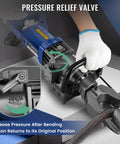 Huanyu 900W Electric Rebar Bender Heavy Duty Hydraulic Steel Rod Bending Machine For Construction 5/8 Inch #6 Bar Bends 0-130 Degrees close-up of pressure relief valve in use.