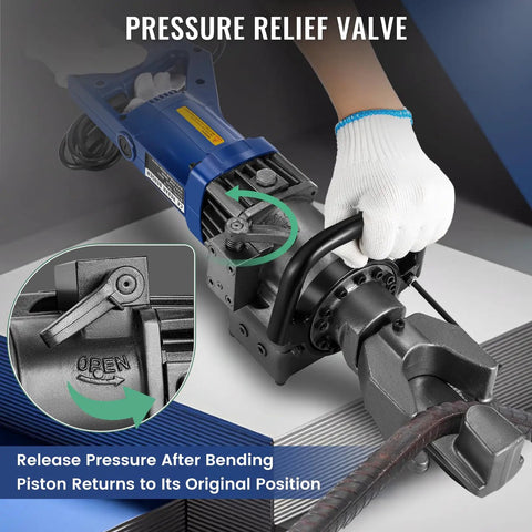 Huanyu 900W Electric Rebar Bender Heavy Duty Hydraulic Steel Rod Bending Machine For Construction 5/8 Inch #6 Bar Bends 0-130 Degrees close-up of pressure relief valve in use.
