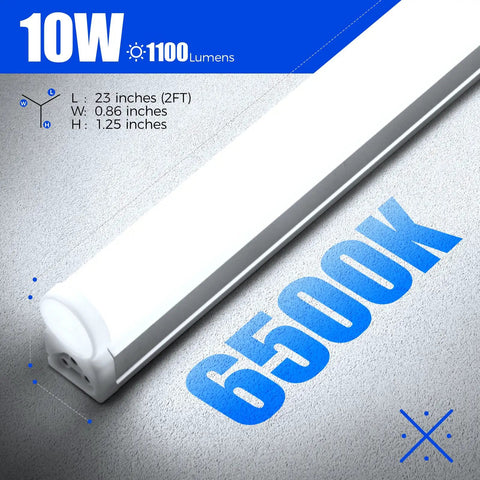 LED Shop Light 2Ft 6500K Super Bright White on gray surface, 10W, 1100 lumens, dimensions listed, ETL Listed, corded electric