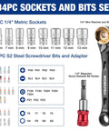 Slick 1/4 Inch Mini Ratchet Wrench Set With Magnetic Hex Bit Holder And Double Head Design displays 8 sockets and 23 bits.