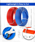 Two Roll PEX Tubing Set Half Inch By 100 Feet Each Blue And Red Non Barrier Pipe For Hot And Cold Water And Radiant Floor Heating Type B Plumbing Kit Built Tough Easy Install Pro Grade Plumbing Supply showing two rolls and cutting tool