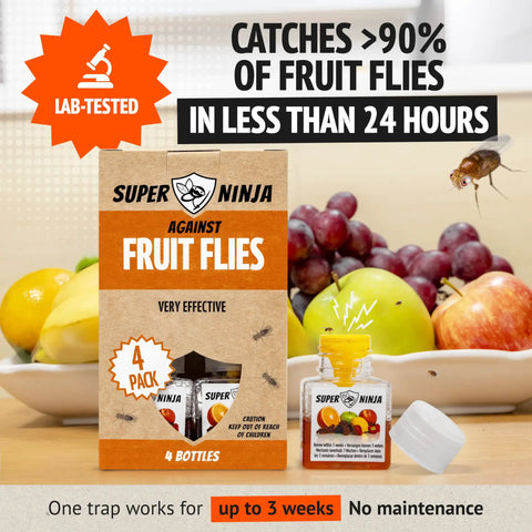Indoor Fruit Fly Trap Killer Station With Natural Liquid Bait For Kitchen Counters Trash Cans And Pantry Food Fast Acting Pest Control That Works Like A Dream Total Game Changer Four Pack Bundle displayed with fruit on a kitchen counter.