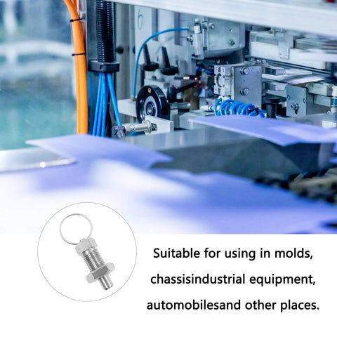 Top Shelf Stainless Steel Spring Plunger With Pull Ring, Retractable Nonlocking Index Pin, 360 Degree Rotate Mount, Rustproof Heavy Duty Hardware showing use in machinery.