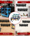 Kick Mess To The Curb With This Built Tough Caulk Tube Holder Wall Mount Rack For Garage Workshop And Work Van To Store Six Tubes And Grease Cartridges For Real Deal DIY Guys And Pro Tradesmen, shown on tool cart, pegboard, wooden, and concrete walls.