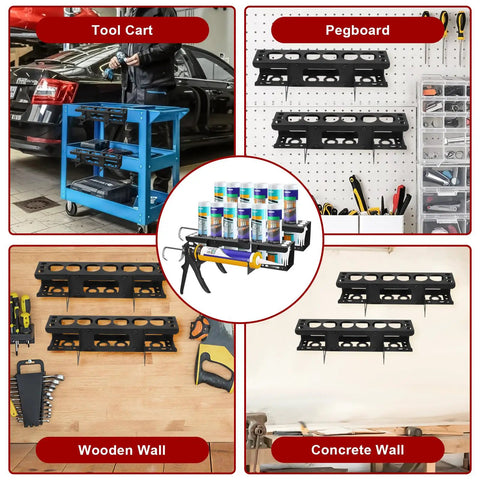 Kick Mess To The Curb With This Built Tough Caulk Tube Holder Wall Mount Rack For Garage Workshop And Work Van To Store Six Tubes And Grease Cartridges For Real Deal DIY Guys And Pro Tradesmen, shown on tool cart, pegboard, wooden, and concrete walls.