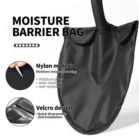 Close-up of moisture barrier bag with nylon material and Velcro design for 41 Inch Round Point Shovel For Digging And Heavy Duty Garden Work With D Handle And Wooden Grip.