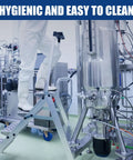 Person using a step ladder in a clean commercial kitchen setting with stainless steel equipment.