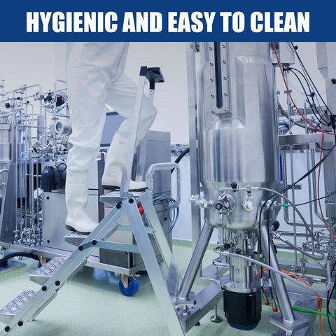 Person using a step ladder in a clean commercial kitchen setting with stainless steel equipment.
