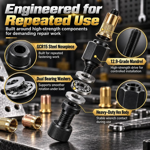 Top Shelf Gcr15 Carbon Steel Rivet Nut Tool Kit with dual bearing shafts, GCR15 steel nozzles, and 12.9-grade mandrel.