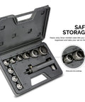 Open carrying case showing Interchangeable Large Hollow Hole Punch Tool Set, 10 Piece for Gasket Making and Leather Punching
