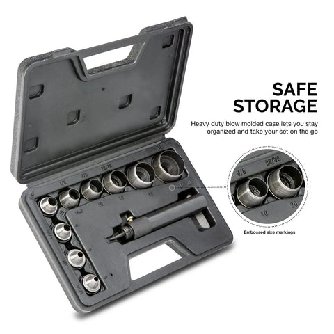 Open carrying case showing Interchangeable Large Hollow Hole Punch Tool Set, 10 Piece for Gasket Making and Leather Punching