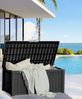 All Weather Outdoor Storage Box Bench, 150 Gallon Lockable And Waterproof Storage Chest for patio cushions by a pool
