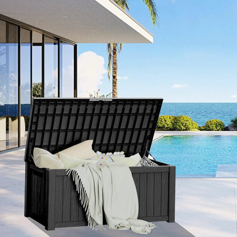 All Weather Outdoor Storage Box Bench, 150 Gallon Lockable And Waterproof Storage Chest for patio cushions by a pool
