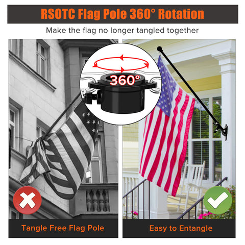Six Foot Black Stainless Steel Flag Pole Kit With 360 Degree Anti Wrap Ring, displayed on porch with flag