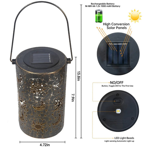 Outdoor Solar Lanterns For Garden Decor, Hanging Metal Sun Moon Star Lights with solar panel and LED beads, dimensions given.