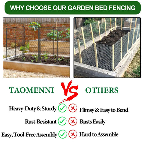 Comparison of Six Panels Black Chicken Wire Garden Fence Set installed around raised garden bed vs competitor product.