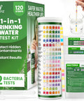 Comprehensive Drinking Water Test Kit With 120 Strips And Two Bacteria Checks For Tap Wells with test strips and box.