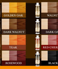 Top Shelf Water Based Wood Stain In Deep Walnut Tone To Refresh Scuffed Furniture And Cabinetry With Nontoxic Low Odor Formula That Protects Every Grain Line For A Dope Matte Look That Truly Delivers color swatches of various wood stain tones including deep walnut.