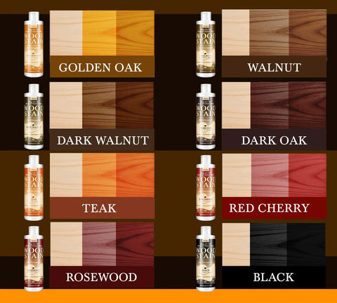 Top Shelf Water Based Wood Stain In Deep Walnut Tone To Refresh Scuffed Furniture And Cabinetry With Nontoxic Low Odor Formula That Protects Every Grain Line For A Dope Matte Look That Truly Delivers color swatches of various wood stain tones including deep walnut.