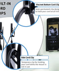 Close-up of Legit Sturdy Black Smartphone Mount With Heavy Duty Screw Or Tape Options For Vehicles And Home Desk showing built-in cord clips.