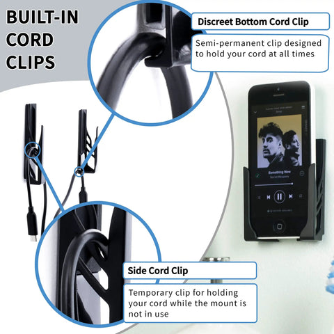 Close-up of Legit Sturdy Black Smartphone Mount With Heavy Duty Screw Or Tape Options For Vehicles And Home Desk showing built-in cord clips.