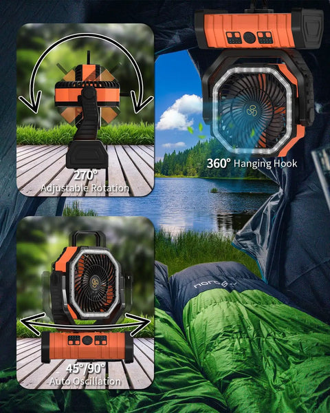 Must Have Camping Fan With 20000mAh Battery Pack, showcasing 270° rotation and 360° hanging hook in outdoor tent setting.