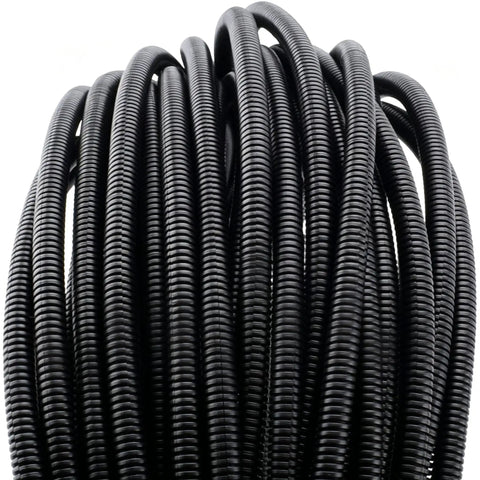 1/4 Inch Split Wire Loom Tubing High Temp Corrugated Cable Sleeve Flexible Auto Marine Wiring Conduit 100 Ft in black coils.