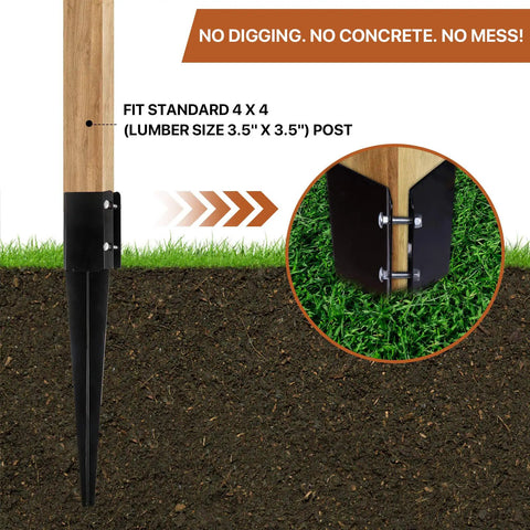 Six Pack Heavy Duty Fence Post Anchors And Ground Spikes Rock Solid 24 Inch Metal Stakes secure standard 4x4 wood post in ground.