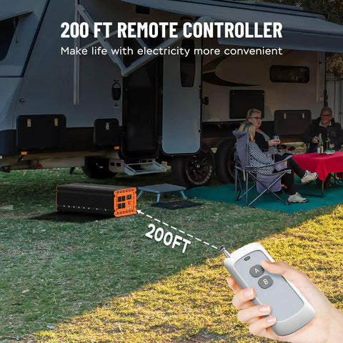 4000 Watt Power Inverter Converts 12V Dc To 120V Ac With 8000W Peak Surge shown with 200 FT remote controller outdoors.