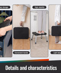 Collage showing 11 Inch Folding Step Stool With Big 16x12 Inch Platform Non Slip Steel Frame used, stored, and carried.
