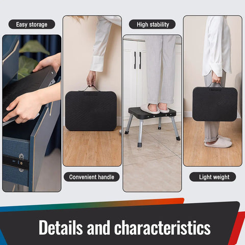 Collage showing 11 Inch Folding Step Stool With Big 16x12 Inch Platform Non Slip Steel Frame used, stored, and carried.
