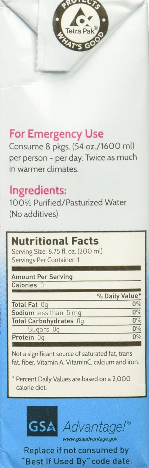 Emergency Drinking Water 200ml Cartons, 32 Pack, 5 Year Shelf Life, Disaster Prep Kit packaging with nutritional facts