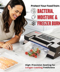 Heavy Duty Vacuum Sealer Machine Packing 90Kpa Suction And Double Seal To Keep Your Groceries Farm Fresh, sealing vegetables on counter.