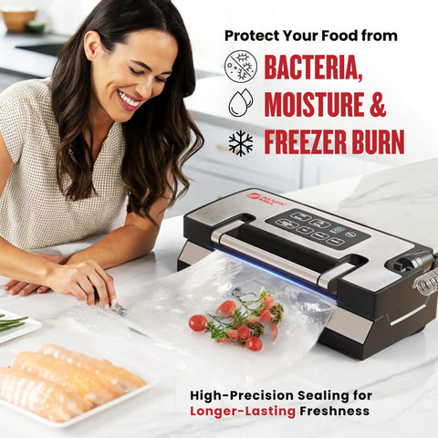 Heavy Duty Vacuum Sealer Machine Packing 90Kpa Suction And Double Seal To Keep Your Groceries Farm Fresh, sealing vegetables on counter.