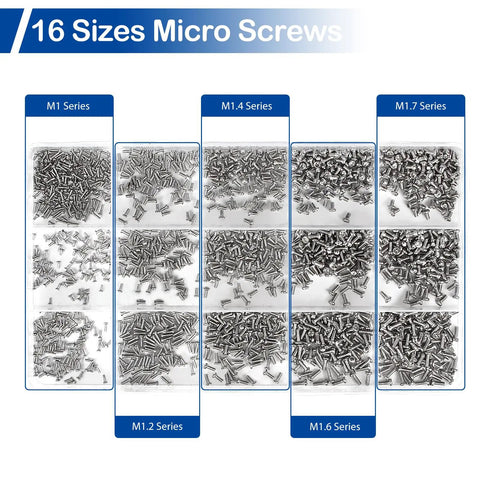 Huge 1600Pcs Tiny Phillips Pan Head Machine Screws Set For Eyeglasses RC Models Electronics And DIY Projects Nickel Plated Carbon Steel Metric Micro Screws From M1 To M1.7, showing 16 sorted sizes