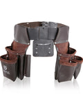 Front view of Oil Tanned Leather Tool Belt Rig For Carpenters And Handymen With 8 Pockets And 4 Hammer Loops Beefy 100 Percent Leather