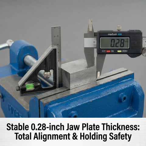 Beefed Up Heavy Duty Bench Vise with 6.3 Inch Jaw Width and 11 Inch Body holding metal square with caliper measurement