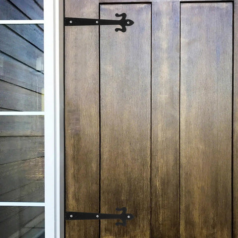 Flat Embossed Garage Door Hinge Set With Handles Decorative 4 Piece Hardware Kit 8 Inch And 10 Inch Hinges on wooden door