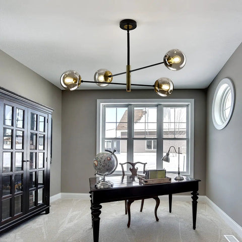 Vintage Farmhouse 4 Light Metal Chandelier With Dope Black Glass Globes Overhead Ceiling Light Fixture in a study room.
