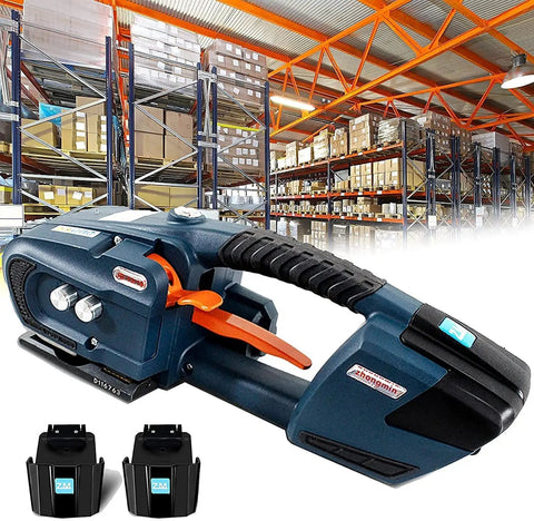 Heavy Duty Cordless Strapping Machine With Rechargeable Battery Powered Hot Melting Tensioner For Bulletproof Packaging And Rapid Shipping Logistics Workhorse in warehouse setting with two battery packs.
