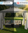 Spacious 10 By 10 Patio Gazebo With Mosquito Netting And Double Roofs Perfect For Backyard Parties And Weekend Hangouts Easy Setup Canopy Shelter For Lawn Use Gray 10x10 Outdoor Garden Shelter under rain and sun